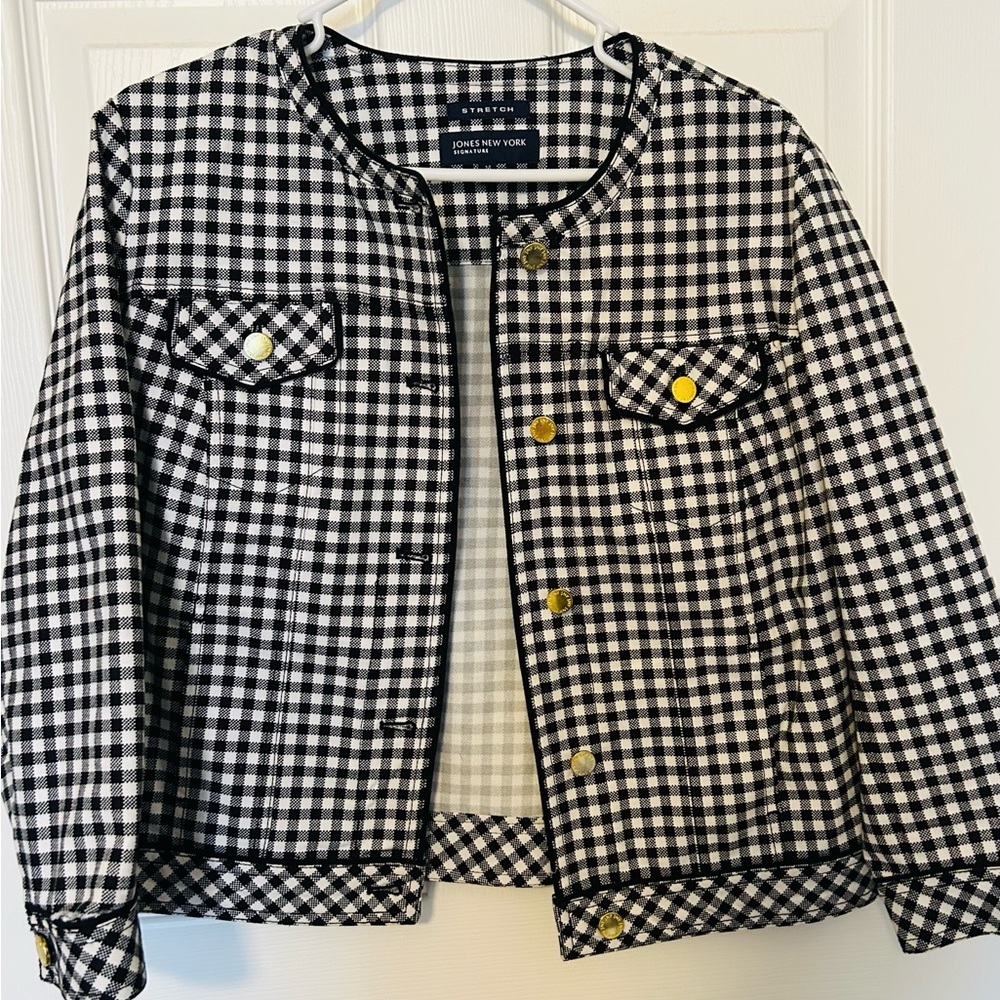 Jones New York Crop Pocket Front Dress Jacket Blazer Black WhiteGingham print